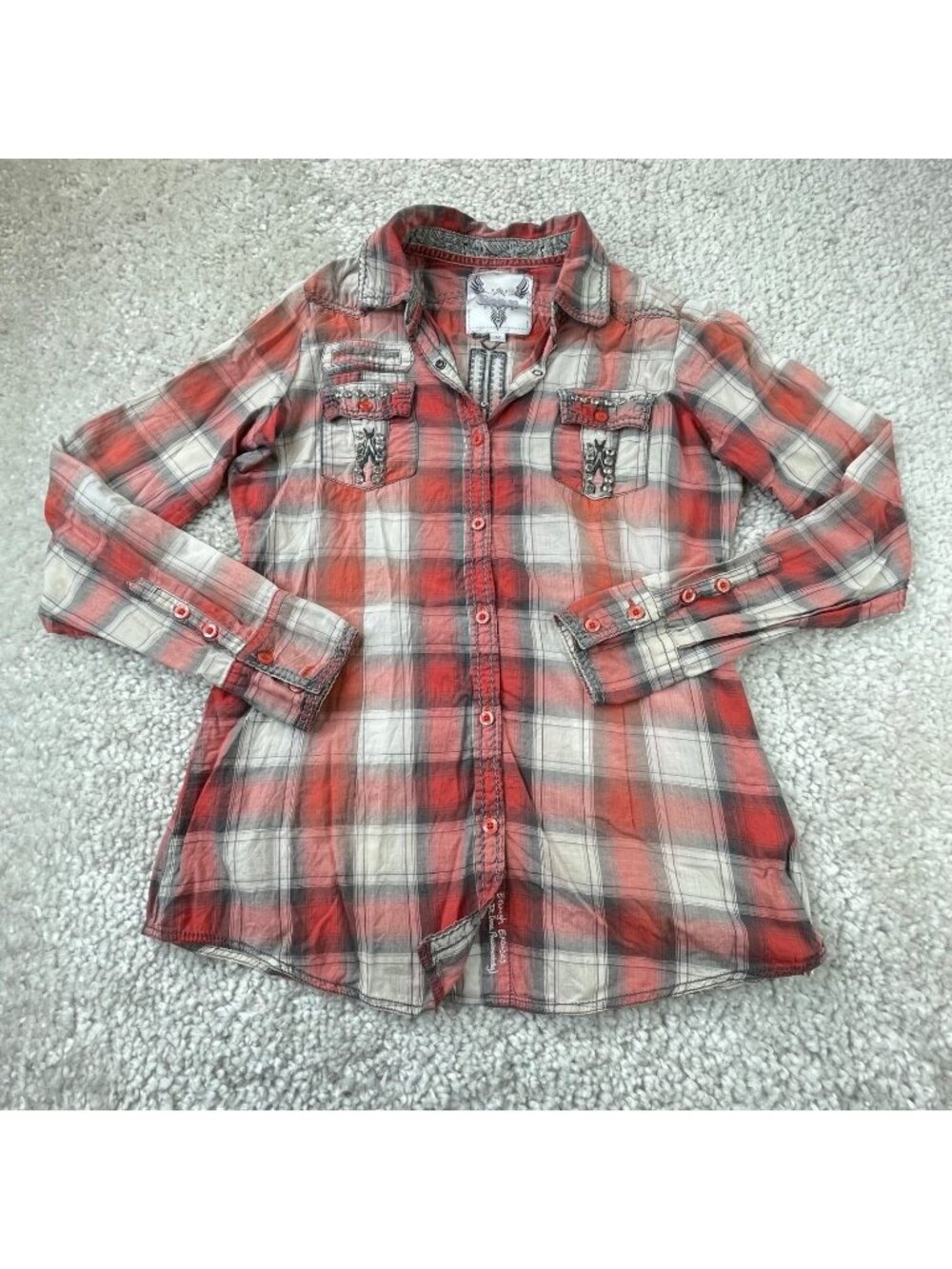 Roar Piper Plaid Rhinestone Embroidered Button Up Shirt Womens Medium